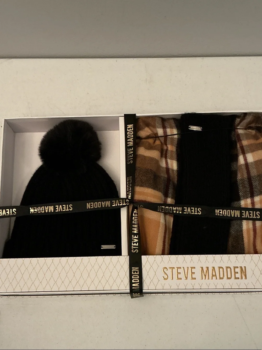 Steve Madden Black Beanie with Faux Fur Pom and Plaid Accent Scarf